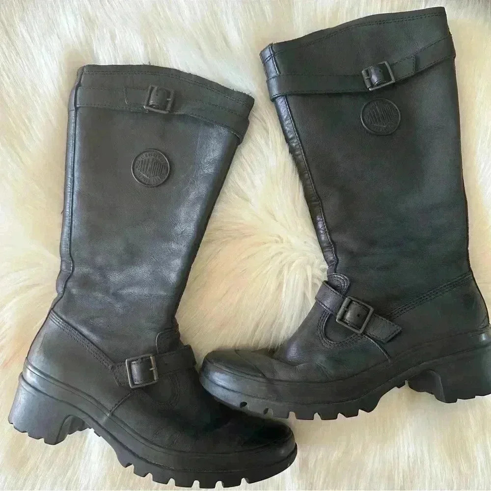 Women’s Black Leather Mid-Calf Buckle Boots